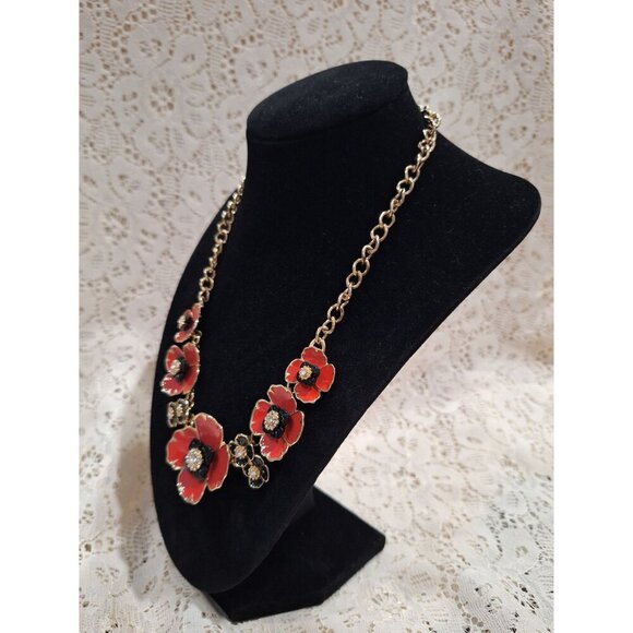 EUC Dana Buchman Gold-tone Red & Black Enamel Floral Rinestone Statement Necklac - Picture 2 of 4
